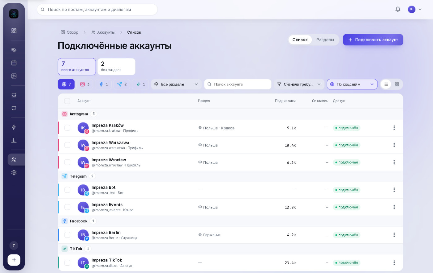 Accounts: connections grouped by network and section, with access status